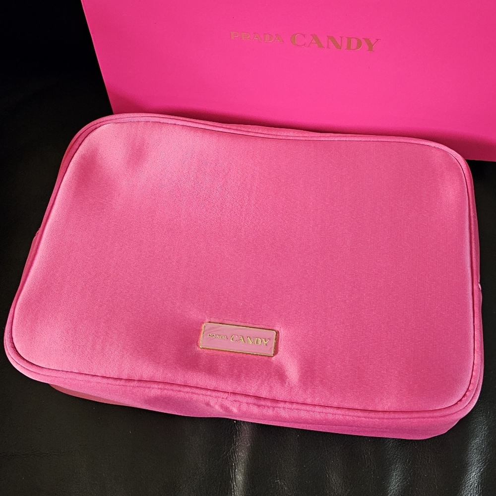 Prada Candy Pink Satin Cosmetic Bag w Box Travel Case New - Picture 12 of 12